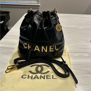 CHANEL VIP GWP Black Quilted Drawstring Bucket Bag with Gold Hardware